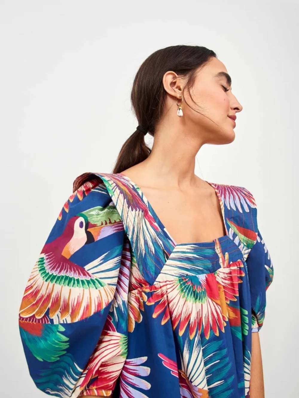 Farm Rio NAVY COLORFUL TOUCANS MIDI DRESS